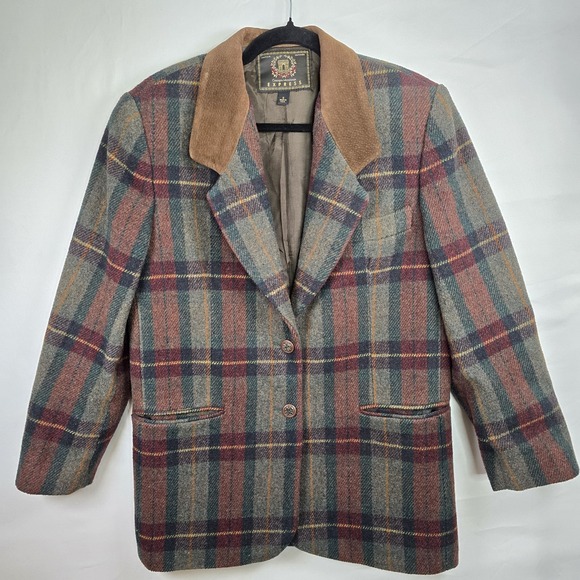 Express Plaid Wool‎ Blend Blazer Jacket Coat Small Made In USA 2 Button Suede - Picture 1 of 13